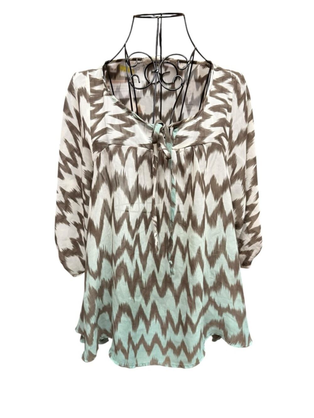 Chevron 90s style Tie-Front Peasant Tunic in Mint and Brown Ombré Medium